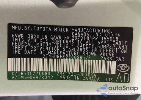 2014 Toyota Corolla S Plus from USA, damaged, VIN 2T1BURHE2EC098527
